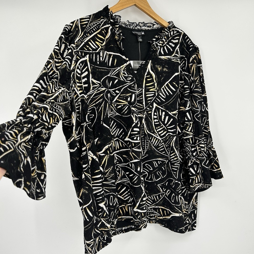 Dark Cottage Artsy Popover Top Women 2X Tropical 3/4 Sleeve Stretch Eyelet Lined